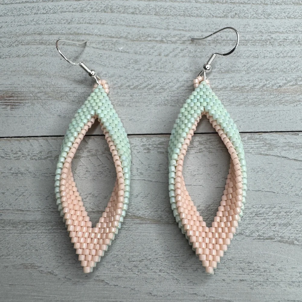 Pink and Mint Folded Leaf, Petal Seed Bead Earrings Handmade Elegant‎ Jewelry